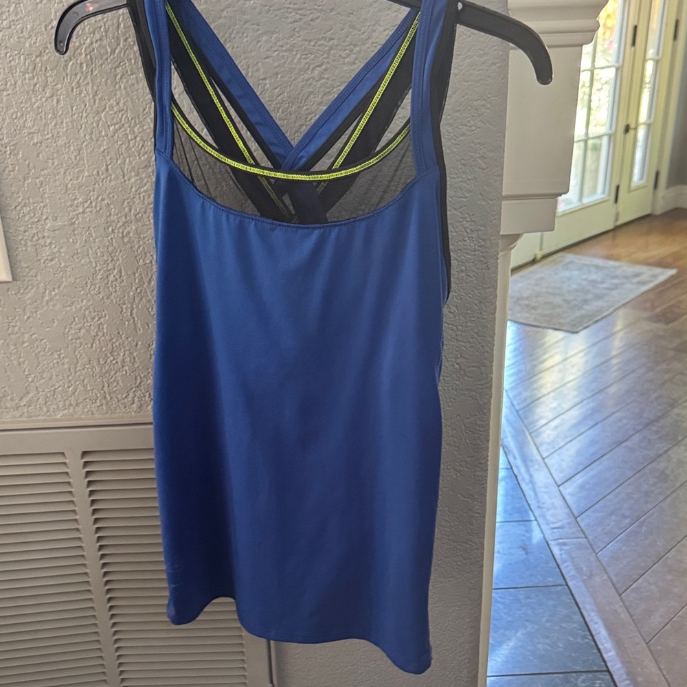 Lucky in Love Blue Tank Top with Black and Yellow Accents